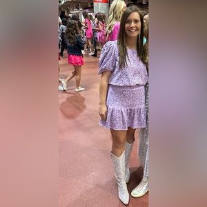 EUC Queen of Sparkles LAVENDER RHINESTONE POOF SLEEVE TOP AND SKIRT MATCHING SET